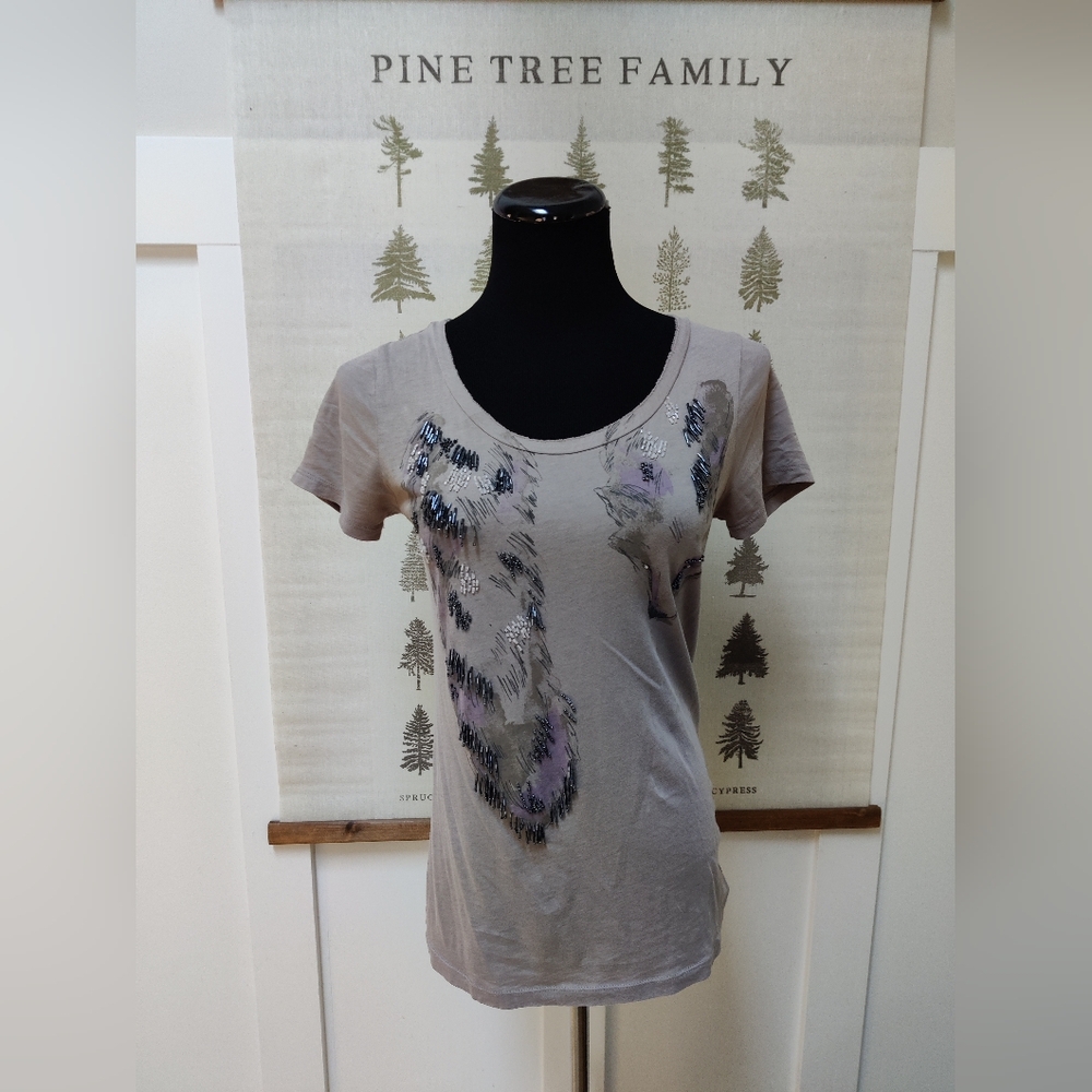 J. Crew Beaded Fox Graphic Tee S Taupe Grey Sequined Animal Print Raw Hem Shirt
